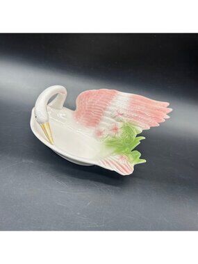 Vintage Swan Trinket Dish White Pink Floral 1980s Taiwan Decorative Bowl Ceramic